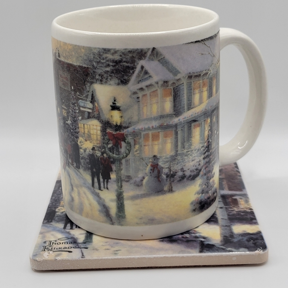 Vintage Thomas Kinkade 2007 Christmas Celebration Ceramic Mug & Coaster
